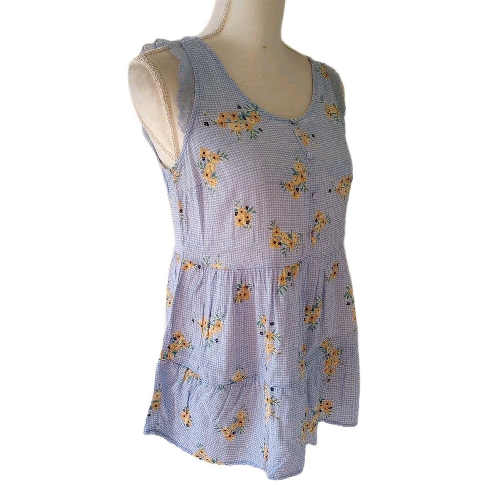 LC Lauren Conrad Womens Small Blue Gingham Yellow Floral Tiered Blouse Prairie